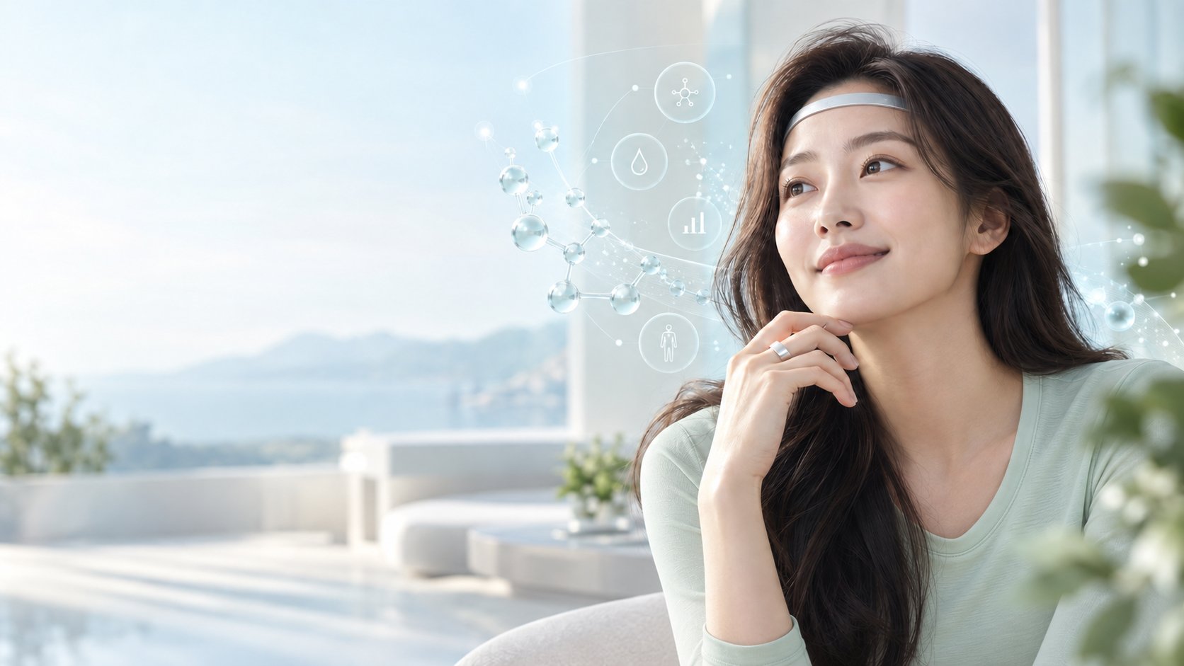 이마에 뇌파 측정 밴드를 두르고 손가락에 스마트링을 낀 여성이 바다가 보이는 밝은 실내에서 미소 지으며 위를 바라보는 모습
